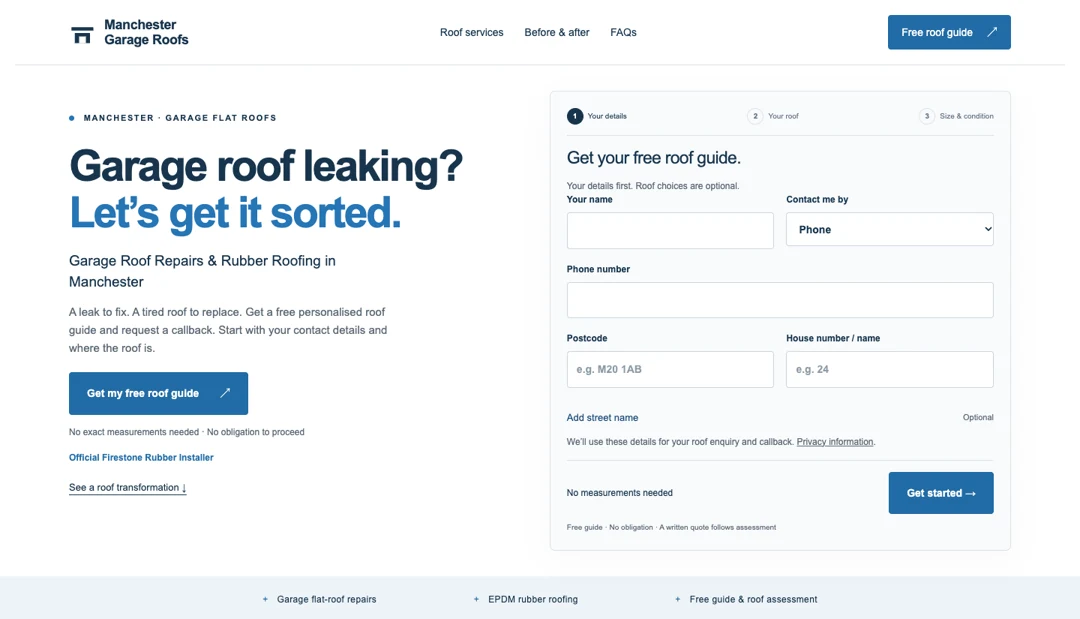 Manchester Garage Roofs website with a three-step enquiry form