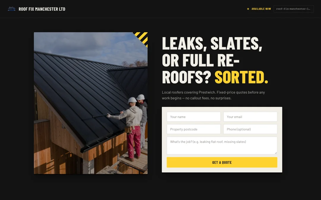 Roofing enquiries website design example